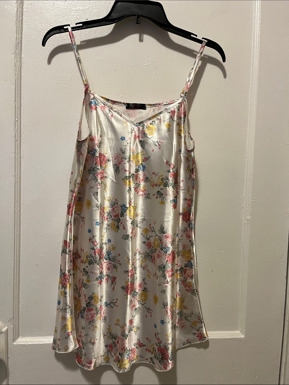Women's Floral Satin Slip Dress - Cream with Pink & Yellow Flowers